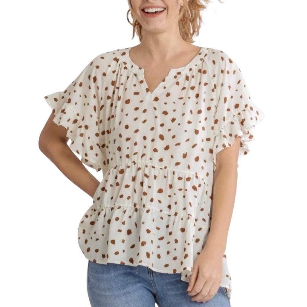 Umgee Dalmatian Spot Short Sleeve Tiered Top White & Brown Size Small
